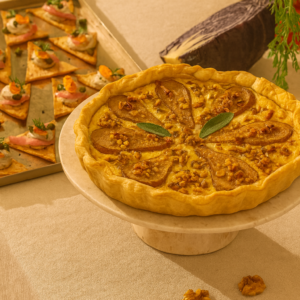 Quiche entera de pera con gorgonzola plant-based y nueces